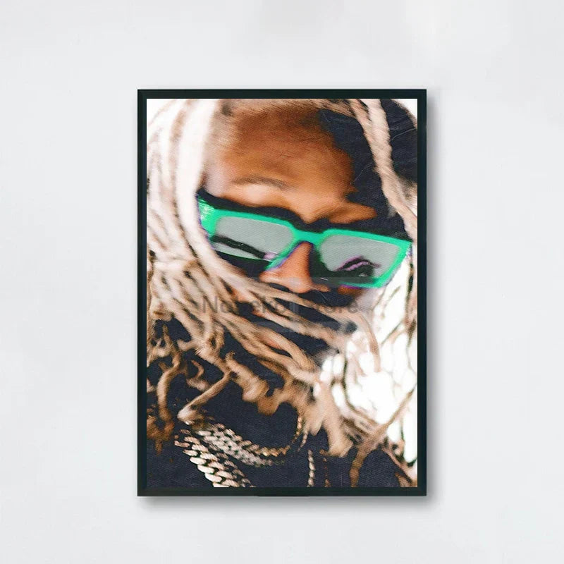 A framed canvas painting of american rapper Future wearing green sunglasses and gold chains for home room rap decor