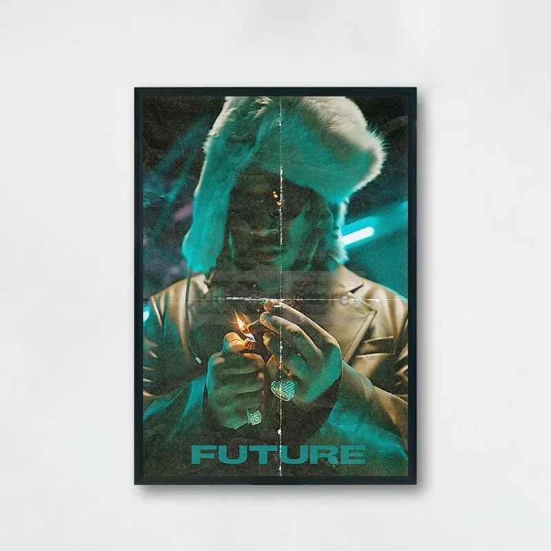 A framed future album poster featuring american rapper future in a fur hat with lighter flames on teal background for home room rap decor