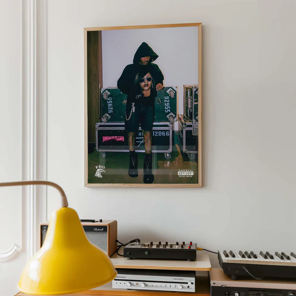 Framed future album poster featuring two people in black hoodies behind green cases for home room rap decor