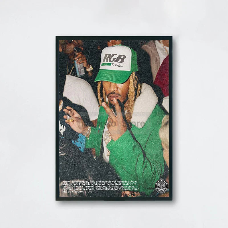 Green and white baseball cap with rgb freight logo featured in american rapper future album poster home room rap decor
