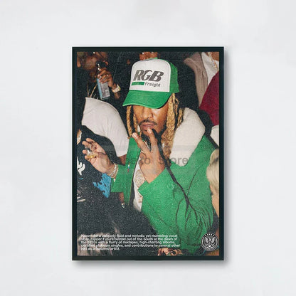 Green and white baseball cap with rgb freight logo featured in american rapper future album poster home room rap decor