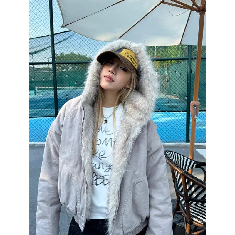 Gray american retro fur collar hooded jacket with velvet thickened warm lining for winter streetwear women
