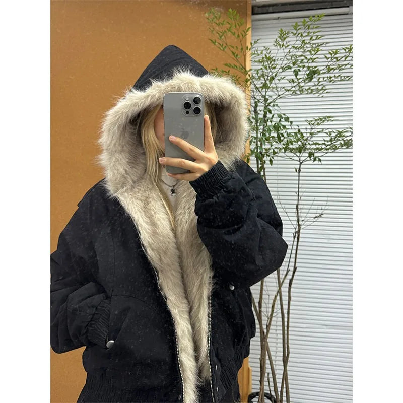 Black american retro fur collar hooded jacket with velvet thickened warm lining and beige plush fur hood for winter wear