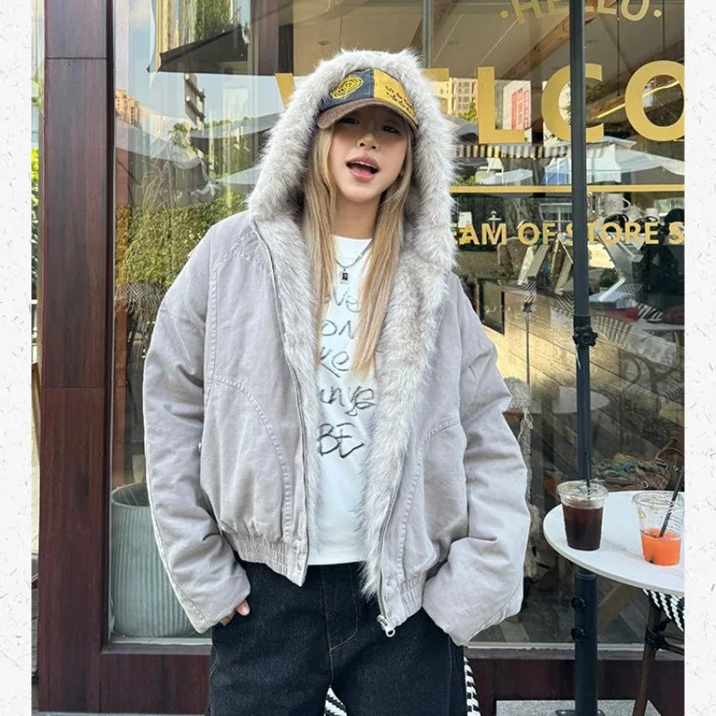 Gray american retro fur collar hooded jacket with velvet thickened warm lining and visible stitching details