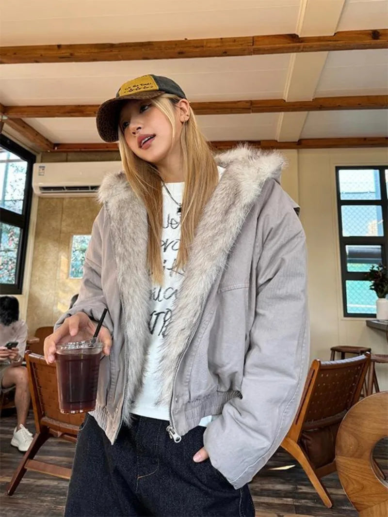 Gray american retro fur collar hooded jacket with fluffy faux fur trim velvet thickened warm casual winter wear