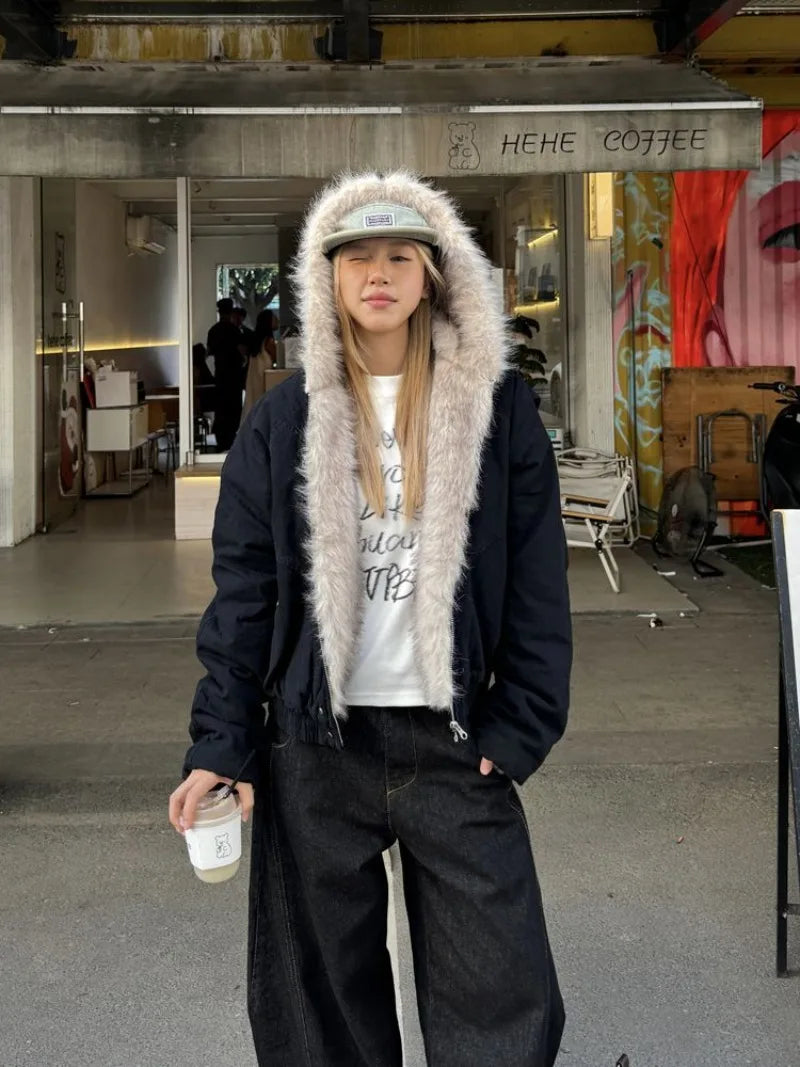 Navy blue american retro fur collar hooded jacket with velvet thickened warm fabric and white fur-lined hood