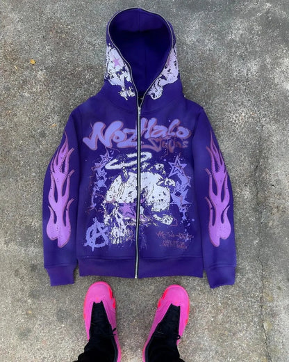 Purple zip-up hoodie with graffiti style nozhalo branding, flame sleeve graphics, and distressed skull print