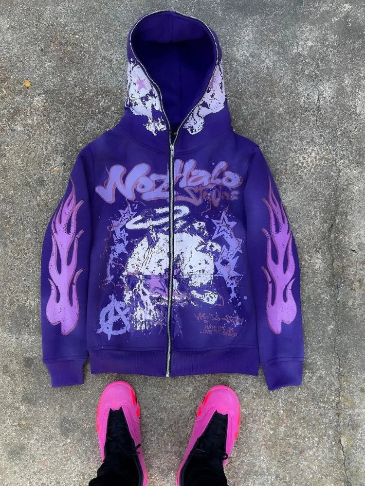 Purple zip-up hoodie with american retro harajuku graffiti street cartoon print flame sleeves and skull motif