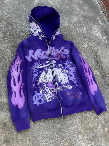 Purple zip-up hoodie with graffiti graphics flame sleeves and distressed white skull print in american retro harajuku style