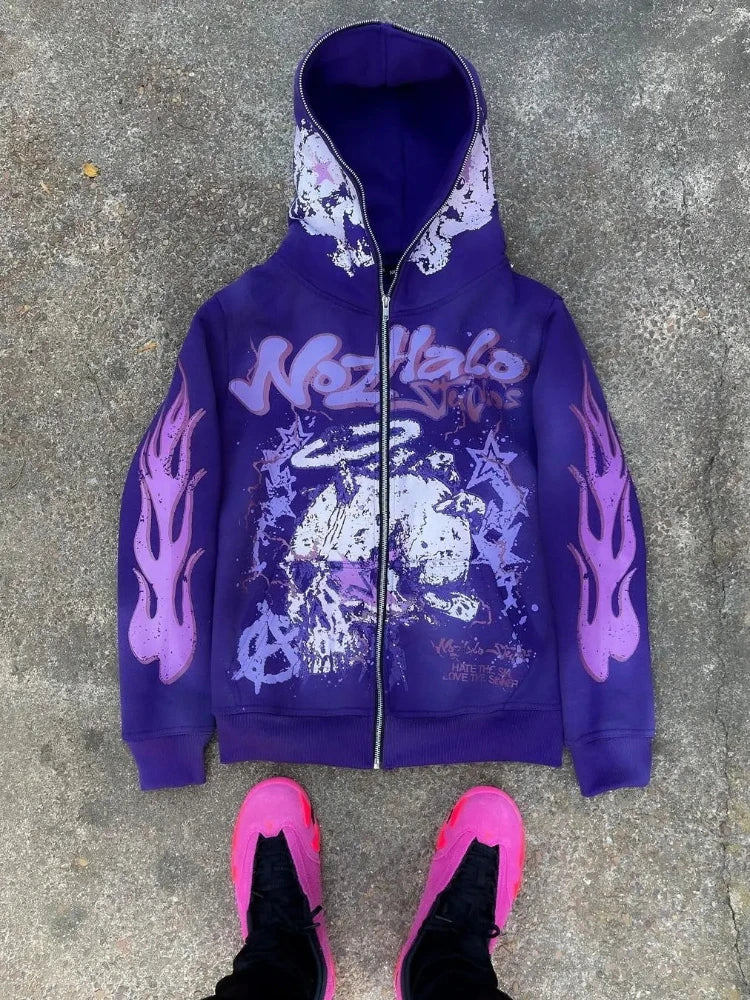 Purple zip-up hoodie with american retro harajuku street cartoon print featuring skulls flames for hoodie street trendsetters