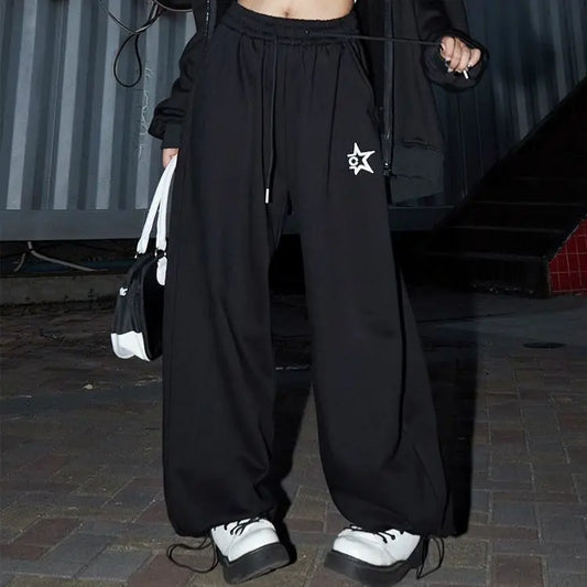 Black wide-leg joggers with white star logo on thigh american retro hiphop women wide leg casual sports pants