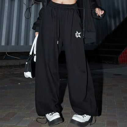 Black wide-leg joggers with a white star logo thigh american retro hiphop loose hiphop loose hip casual pants