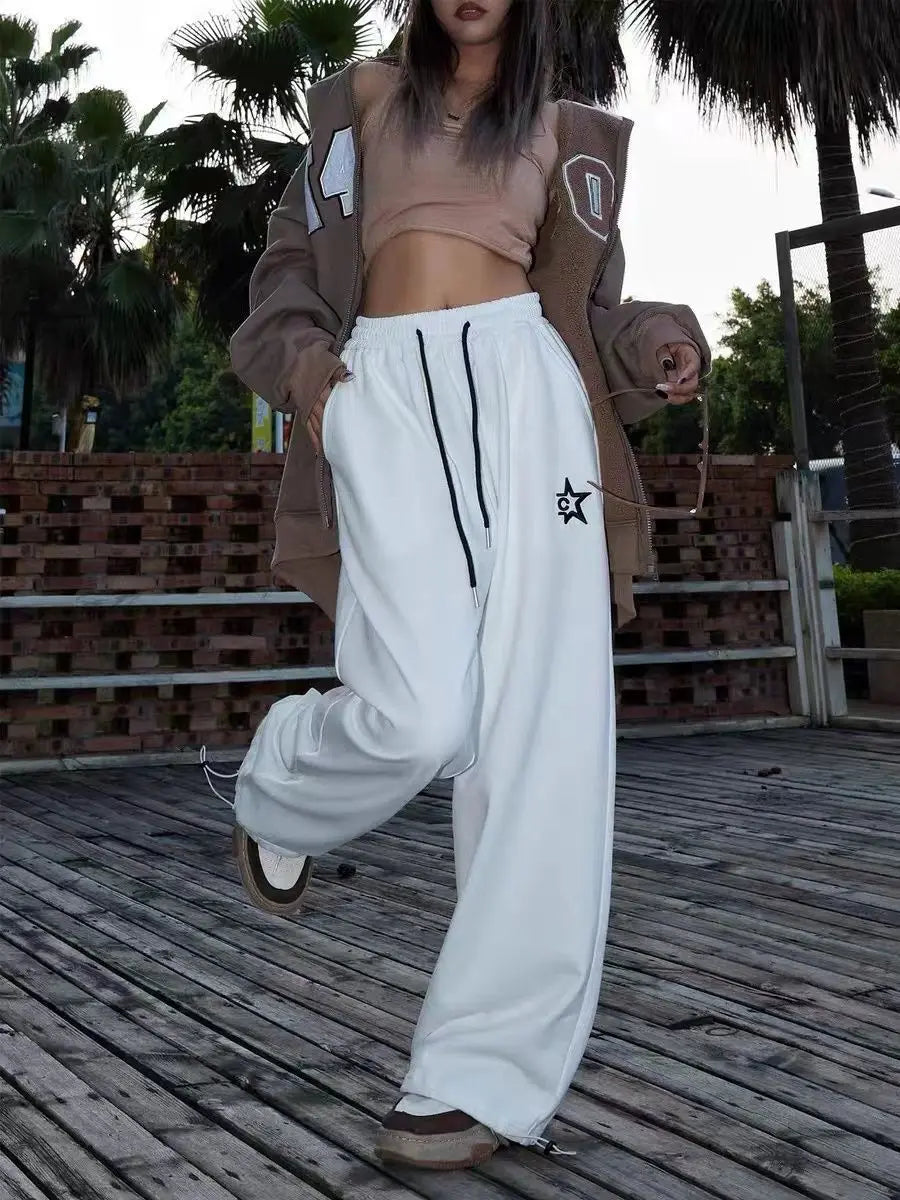 White wide-leg American Retro hiphop loose pants with black drawstrings and star logo for casual streetwear