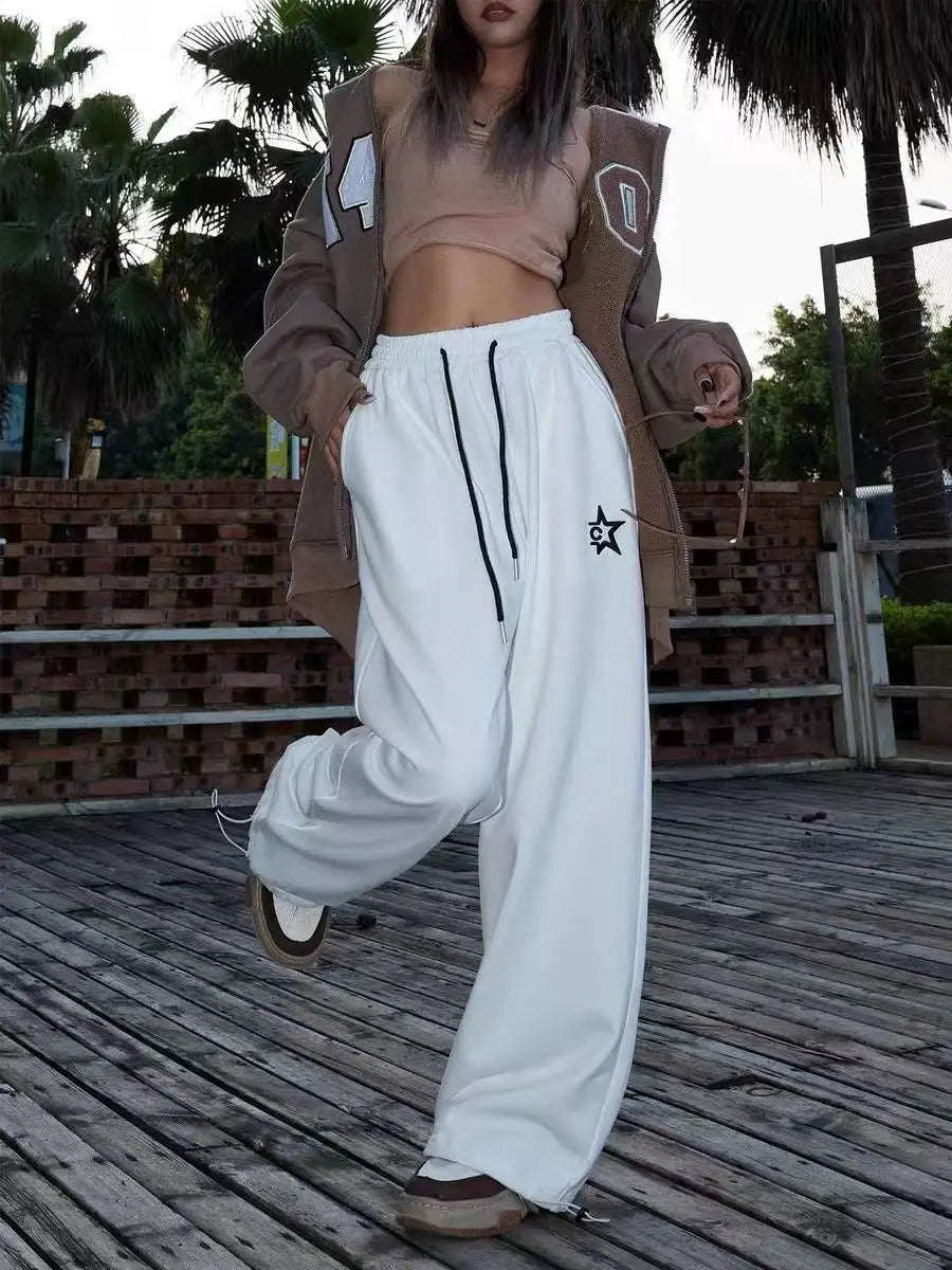 White drawstring sweatpants with black star logo on left thigh american retro hiphop loose hiphop loose hip style