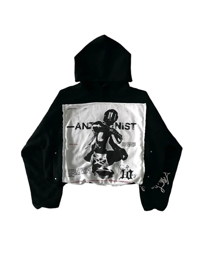 Black american retro zipper hoodie y2k with white hip hop cartoon graphic print on the back for casual wear