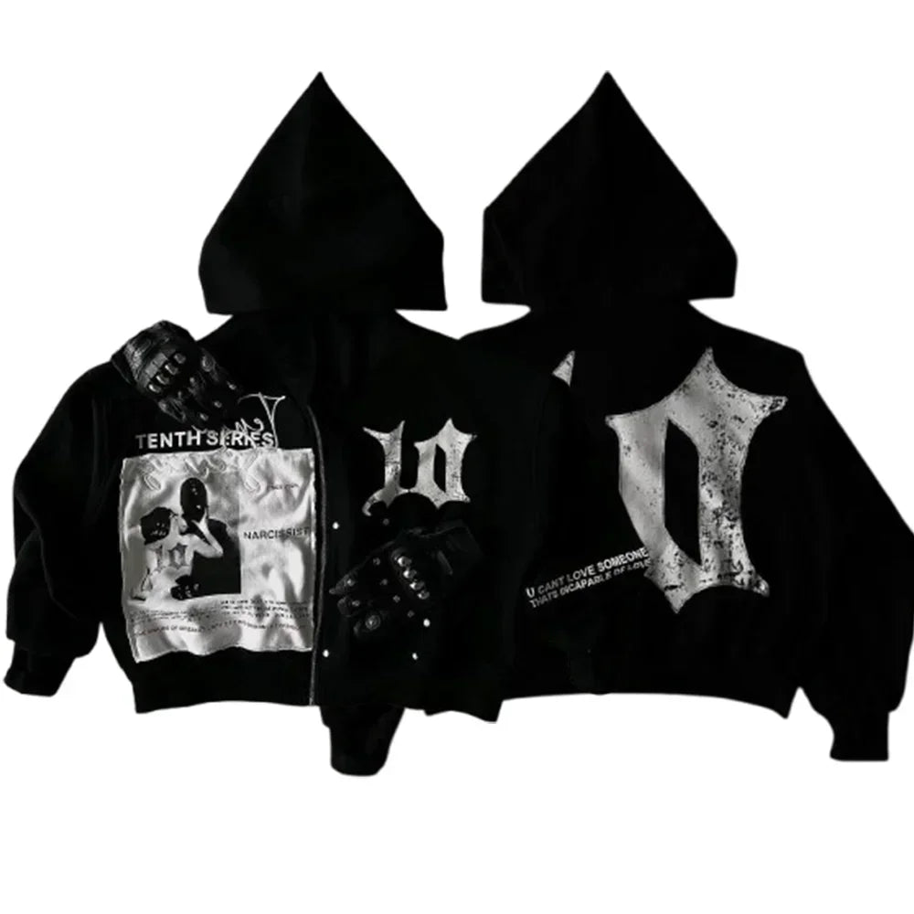 Black hoodie with distressed silver graphic prints and studded gloves from american retro zipper hoodies y2k hip hop cartoon collection