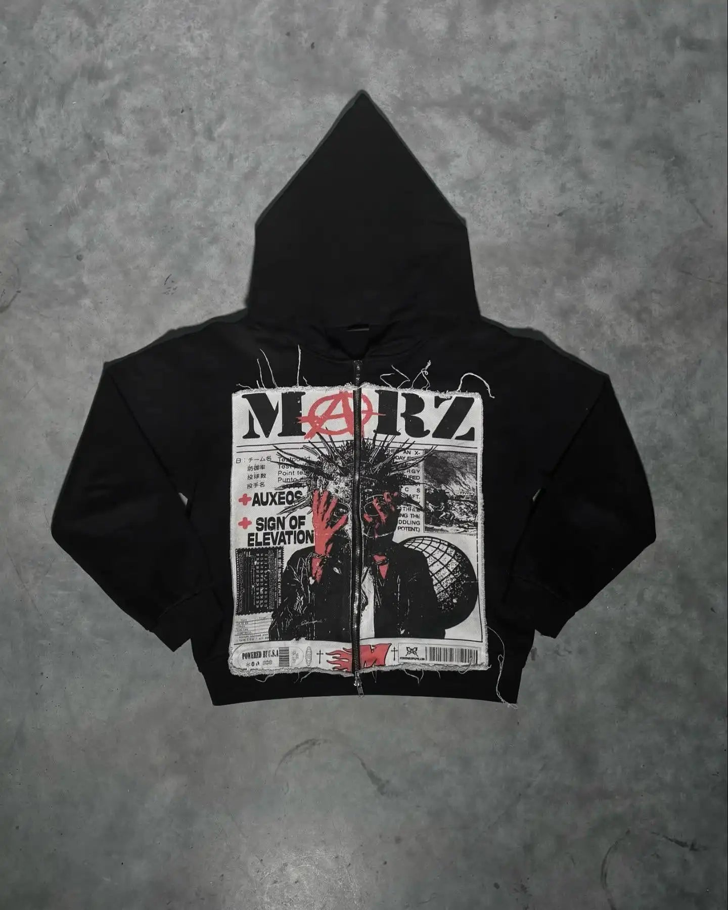 Black american retro zipper hoodie with distressed newspaper graphic and hip hop cartoon print for y2k style
