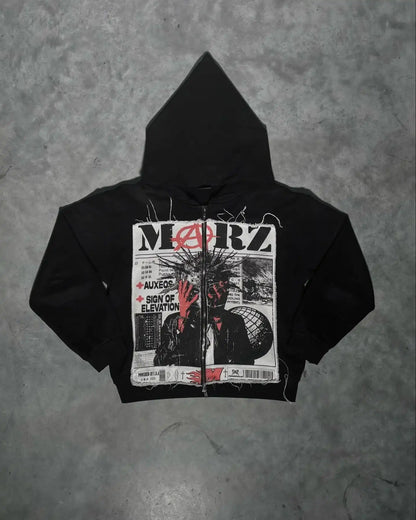 Black american retro zipper hoodie with distressed newspaper graphic and hip hop cartoon print for y2k style