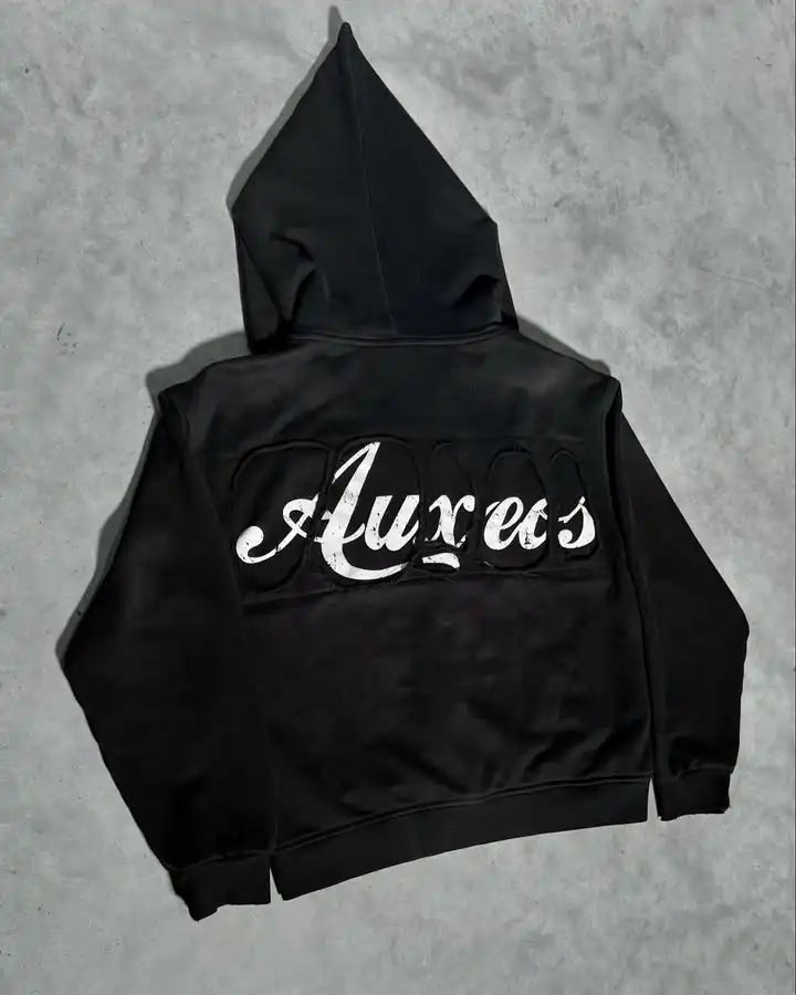 Black american retro zipper hoodie y2k with white aureos lettering on the back for hip hop cartoon style casual wear