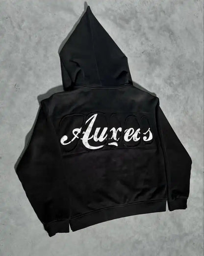 Black american retro zipper hoodie y2k with white aureos lettering on the back for hip hop cartoon style casual wear
