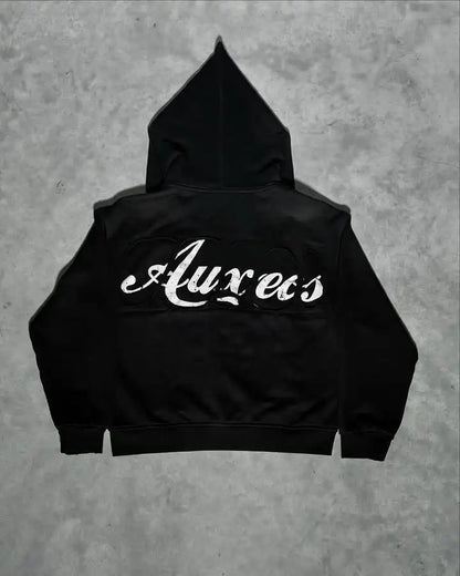 Black american retro zipper hoodies y2k with white cursive aureos lettering on the back for hip hop cartoon style