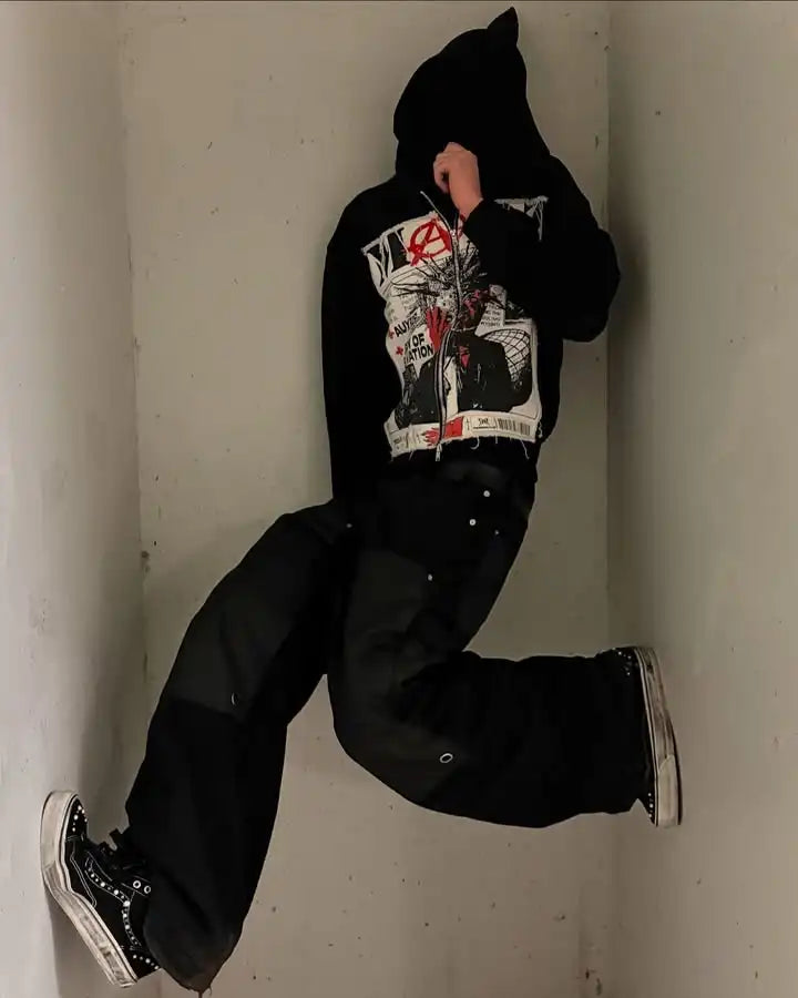 Black american retro zipper hoodie with hip hop cartoon graphic print and distressed details in y2k style