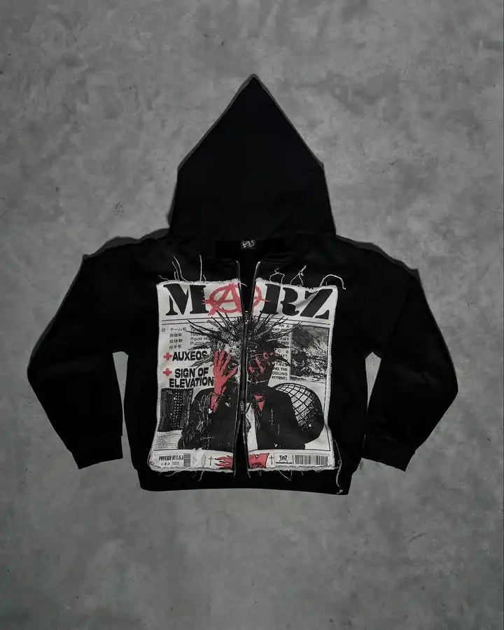 Black american retro zipper hoodie with distressed hip hop cartoon graphic print in bold white and red text