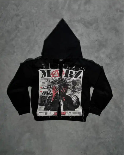 Black american retro zipper hoodie with hip hop cartoon distressed graphic print in bold white and red text