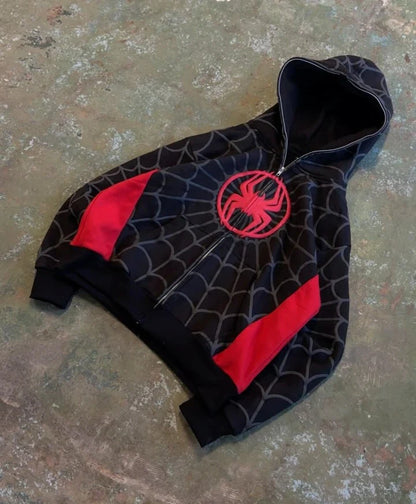 Black spider-man hoodie y2k mens with american spider pattern embroidery and bold red gothic harajuku panels