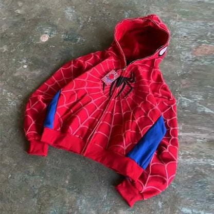 Red spider-man hoodie y2k mens with blue sleeves and black american spider pattern for womens gothic harajuku fashion