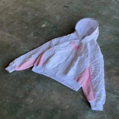 White and pink quilted spiderweb american spider pattern hoodie y2k mens womens gothic harajuku jacket