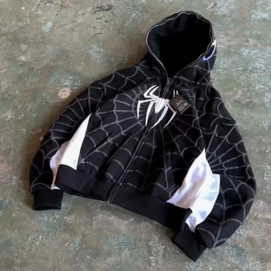 Black hoodie y2k mens with american spider pattern embroidery and white spider web design for womens gothic harajuku style