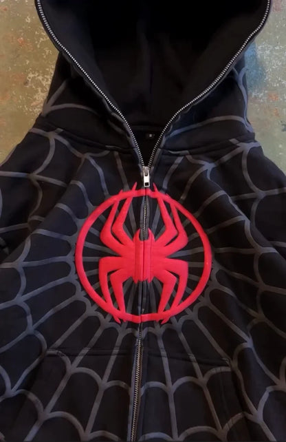 Black zip-up hoodie y2k mens with bold red american spider pattern and subtle gray web design womens gothic harajuku style