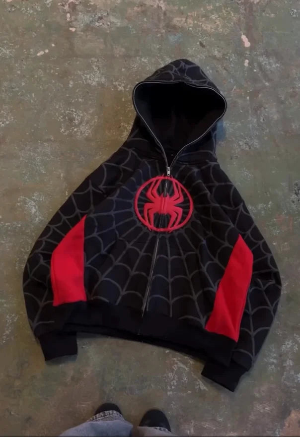 Black spider-man hoodie y2k mens with american spider pattern embroidery and bold red panels womens gothic harajuku style
