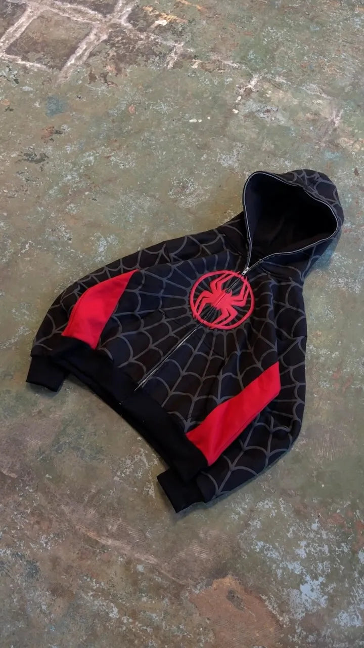 Black spider-man hoodie y2k mens with american spider pattern embroidery and red accents for womens gothic harajuku fashion