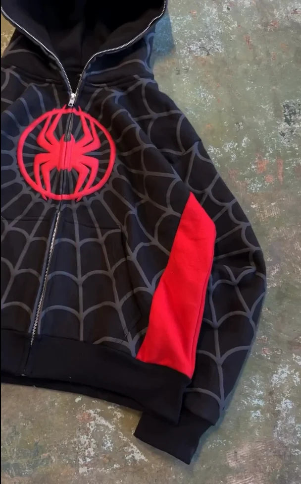 Black spider-man hoodie y2k mens with american spider pattern red emblem gray web and bold red sleeve panel