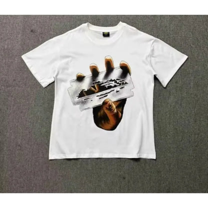 White cotton american street hip hip hop retro short sleeve t-shirt with crew neck couple graphic hand razor blade