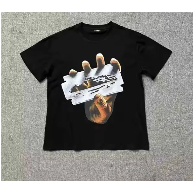 Black short-sleeved cotton t-shirt with crew neck couple design featuring a hand holding razor blade graphic for american street hip and hip hop retro style