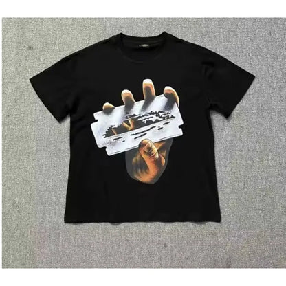 Black short-sleeved cotton t-shirt with crew neck couple design featuring a hand holding razor blade graphic for american street hip and hip hop retro style