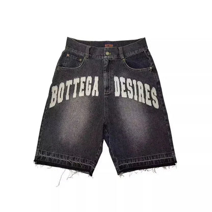 Dark-wash american style harajuku retro denim shorts with letter embroidery oversized and distressed frayed hem