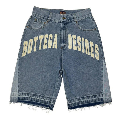 Blue denim retro shorts with cream letter embroidery american style harajuku oversized casual versatile design