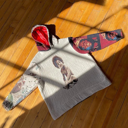 Gray hooded style hoodie y2k with tapestry design featuring jimi hendrix portraits and afro graphic for y2k clothes mens
