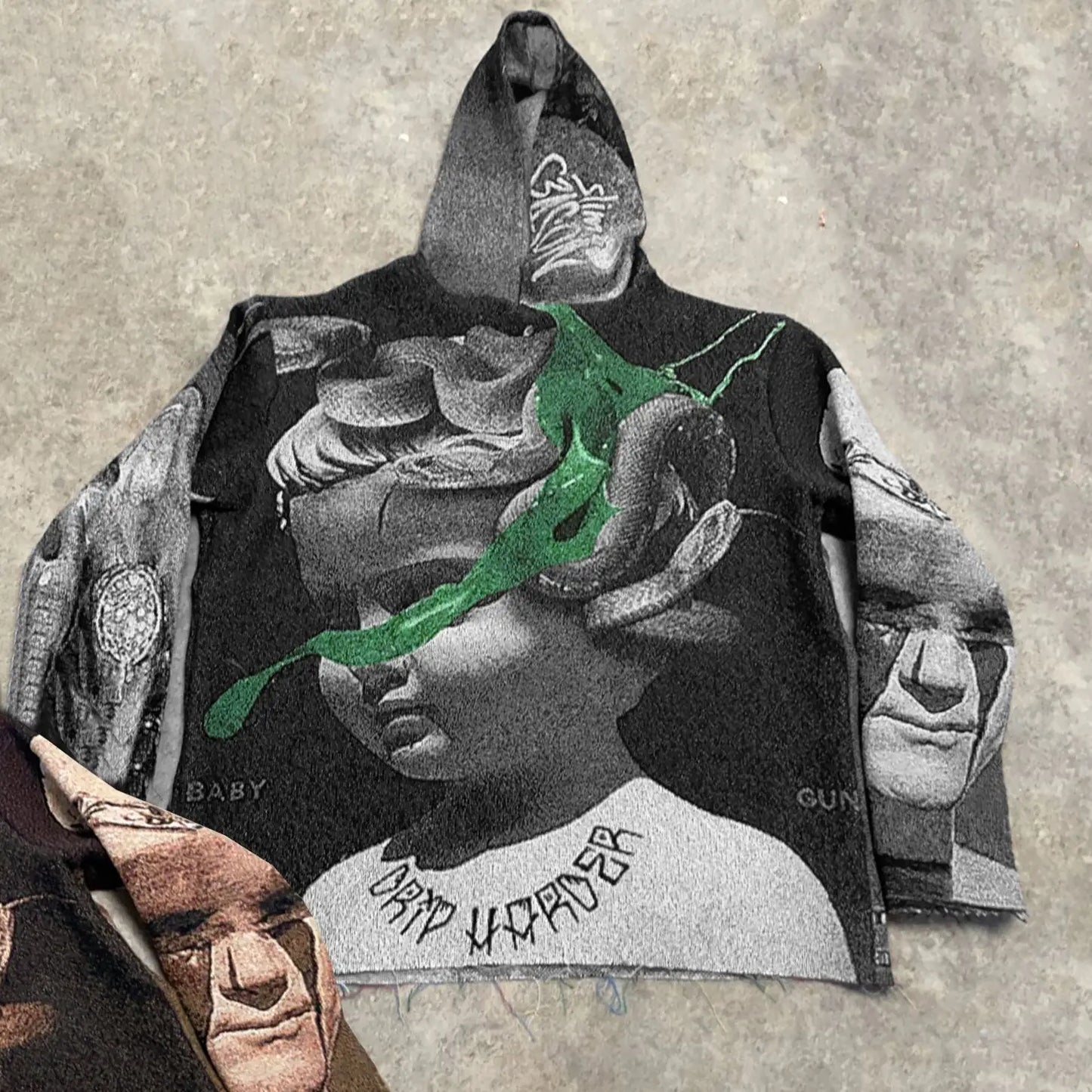 Black oversized style hoodie y2k with graphic print of woman face and baby gun text perfect for y2k clothes mens and womens