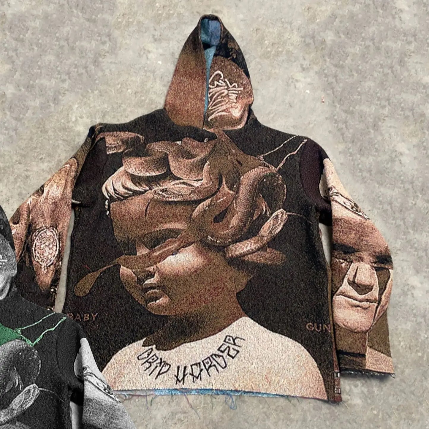 Black hooded style hoodie y2k with detailed brown and beige tapestry medusa print for y2k clothes mens and womens