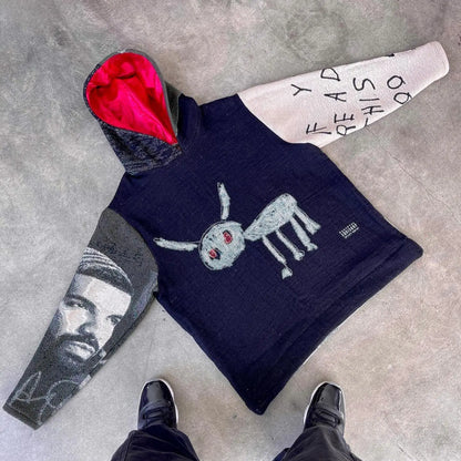 Dark blue style hoodie y2k with red-lined hood, white rabbit graphic, contrasting sleeves, and knit fabric for y2k clothes mens