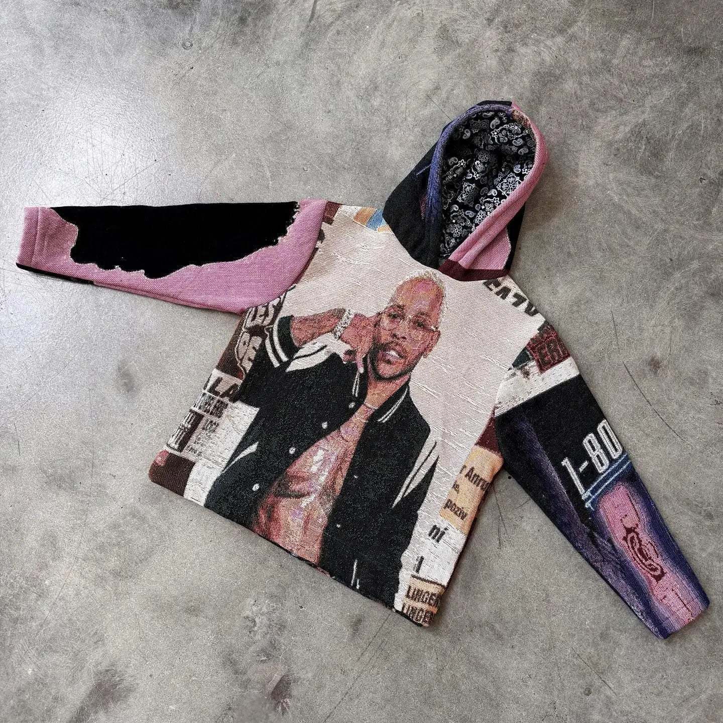 A vibrant patchwork style hoodie y2k with a black and white portrait and pink accents for y2k clothes mens and womens