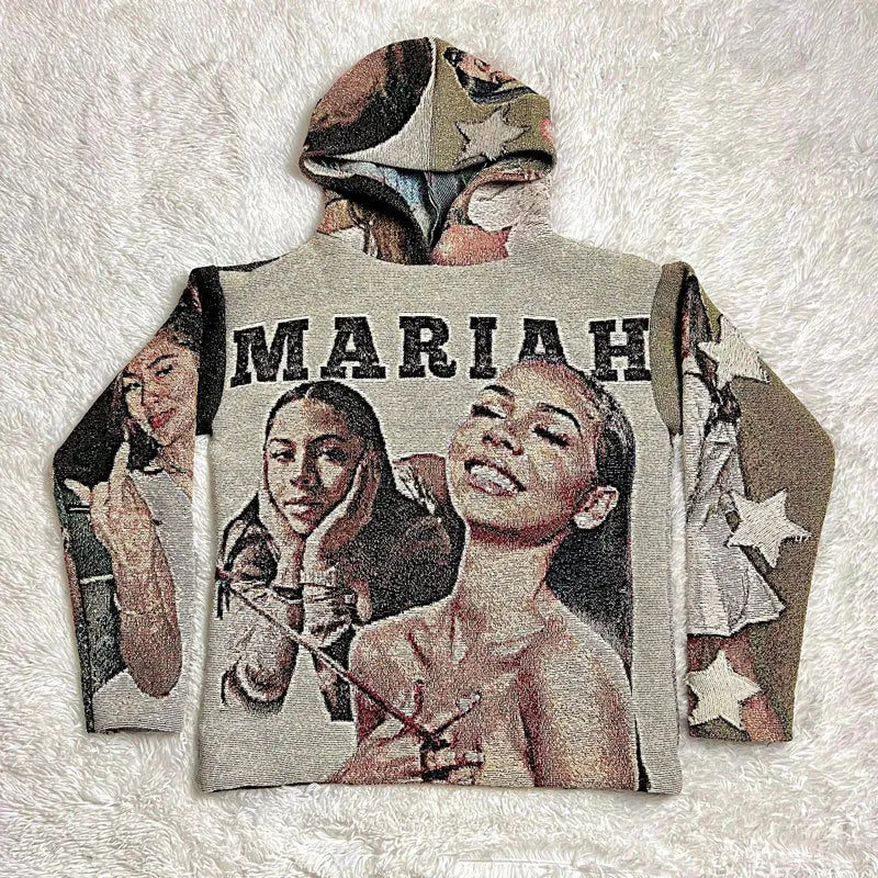 Beige tapestry style hoodie y2k with detailed mariah carey 3d graphic and printed chest design for y2k clothes mens