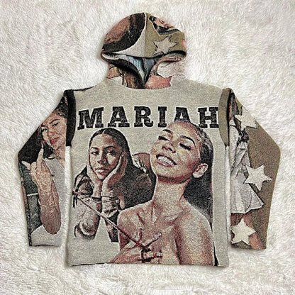 Beige tapestry style hoodie y2k with detailed mariah carey 3d graphic and printed chest design for y2k clothes mens