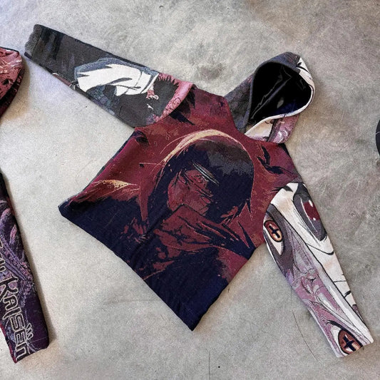 A maroon and black style hoodie y2k with detailed character illustrations for y2k clothes mens and womens wear