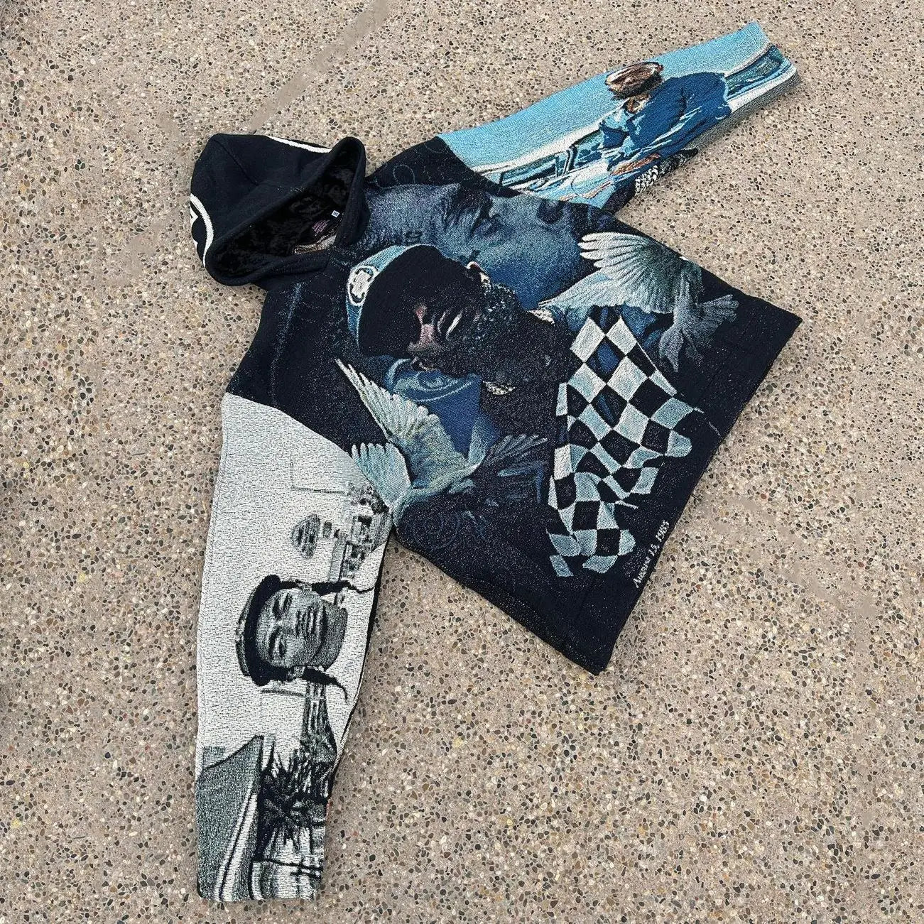 Black oversized hoodie y2k clothes mens with detailed blue white gray graphic panels checkered pattern style hoodie y2k